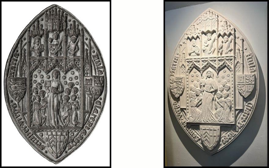Clare College original seal alongside the stone reproduction 